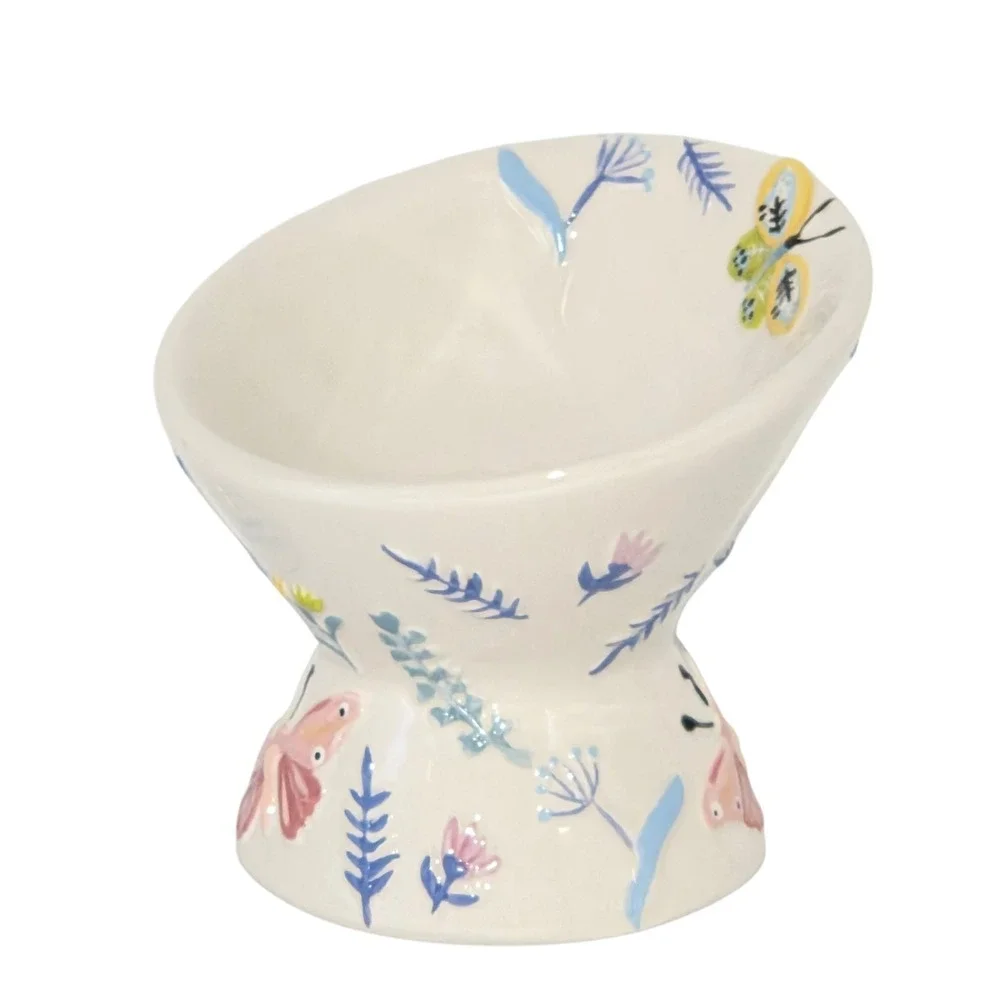 Mellow & Mod Raised Ceramic Cat Food Water Bowl‎ Butterfly Embossed Hand Painted
